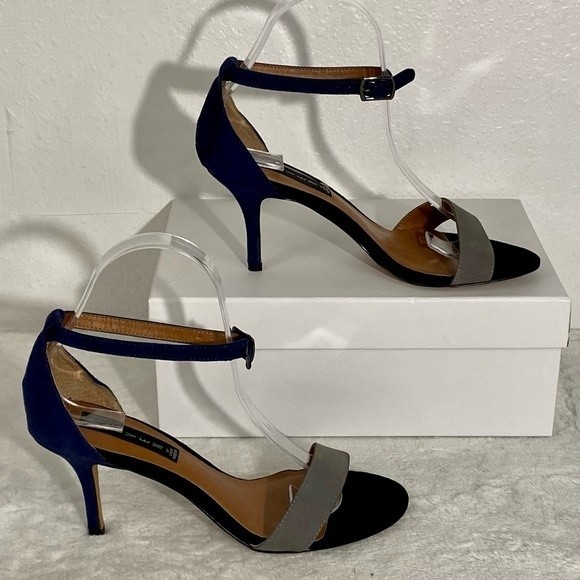 STEVEN Steve Madden Vienna Suede Heels Women's Size 7.5M Peep Toe Navy Blue Gray - Picture 3 of 10